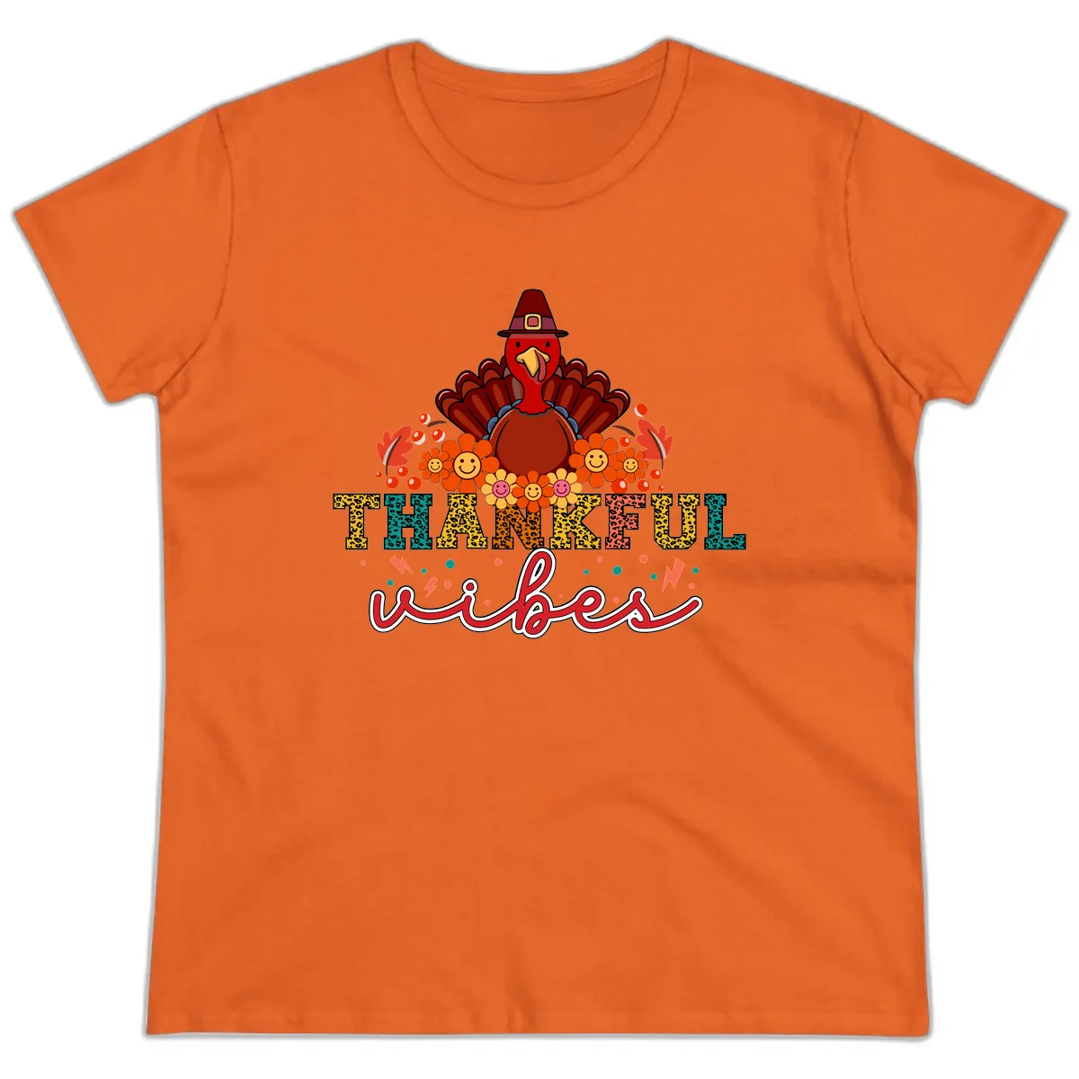 Turkey Vibes Thanksgiving Design Ladies Tee in Orange